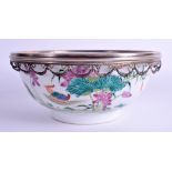 A 19TH CENTURY CHINESE FAMILLE ROSE SILVER MOUNTED BOWL Guangxu, painted with birds and foliage. 17