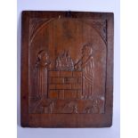 A 17TH CENTURY CONTINENTAL CARVED FRUITWOOD PANEL depicting two saints before a well. 28 cm x 35 cm