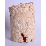 A 19TH CENTURY JAPANESE MEIJI PERIOD CARVED IVORY TUSK VASE AND COVER carved with hawks amongst fol