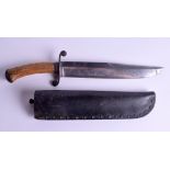 A GOOD 19TH CENTURY INDIAN ARNACHELLUM SALEM BOWIE KNIFE, formed with a tick antler handle and iron
