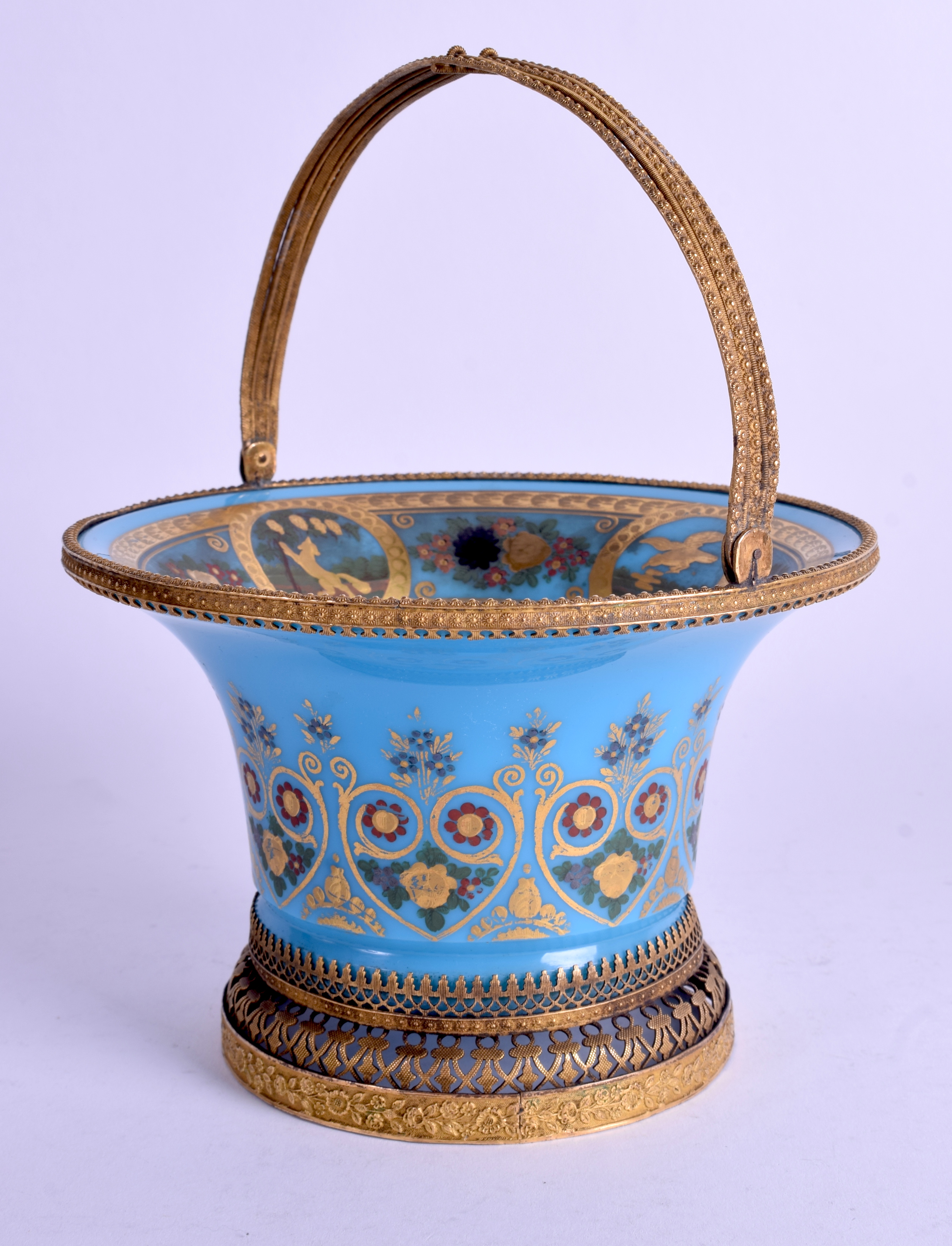 A LOVELY 19TH CENTURY AESTHETIC MOVEMENT OPALINE BLUE GLASS BASKET enamelled with birds within land