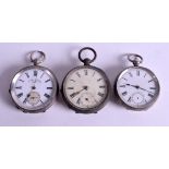 THREE ANTIQUE SILVER POCKET WATCHES. (3)