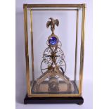 AN UNUSUAL BRASS AND ENAMEL SKELETON GLASS CASED CLOCK. Clock 47 cm x 18 cm.