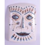 A RETRO 1960 POTTERY PAINTED MASK PLAQUE by P Stroud C1966. 16 cm x 22 cm.