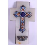 A 19TH CENTURY FRENCH CHAMPLEVE ENAMEL ONYX CROSS. 23 cm x 12 cm.