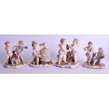 FOUR ANTIQUE GERMAN MEISSEN PORCELAIN FIGURAL GROUPS depicting putti in various pursuits. 14 cm x 1