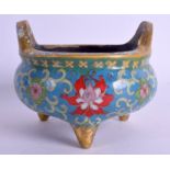 A CHINESE TWIN HANDLED CLOISONNE ENAMEL CENSER. 12 cm wide.