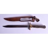 A RARE 19TH CENTURY ANTLER HANDLED FOLDING LOCK KNIFE, formed with a chequered horn grip, leather s