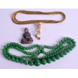 A BRONZE BUDDHA together with hardstone necklace etc. (3)