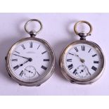 TWO ANTIQUE SILVER POCKET WATCHES. 5 cm wide. (2)