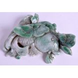 A CHINESE CARVEDJADEITE FIGURE OF A CARP modelled amongst lotus. 10 cm x 7 cm.