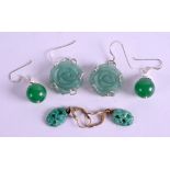 THREE PAIRS OF CHINESE JADE AND JADEITE EARRINGS. (6)