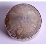 AN ANTIQUE CONTINENTAL SILVER AND MOTHER OF PEARL BOX. 76 grams. 6.5 cm wide.
