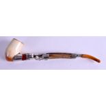 A RARE 19TH CENTURY FRENCH SILVER MOUNTED AMBER AND MEERSCHAUM PIPE. 25 cm long.