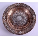 AN ISLAMIC PERSIAN SILVER INLAID BRONZE ALLOY DISH. 24.5 cm wide.