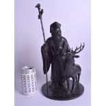 A LARGE 19TH CENTURY JAPANESE MEIJI PERIOD BRONZE OKIMONO modelled as a male beside a deer. 38 cm x