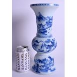 A RARE 18TH CENTURY CHINESE BLUE AND WHITE GU SHAPED VASE Qianlong, painted with landscapes. 30 cm