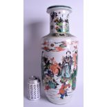 A LARGE 19TH CENTURY CHINESE FAMILLE VERTE ROULEAU VASE Kangxi style, painted with figures and scho