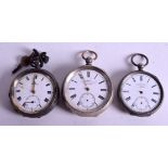 THREE ANTIQUE SILVER POCKET WATCHES. (3)