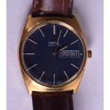 A BOXED BLUE DIAL OMEGA WRISTWATCH. 3.25 cm wide.