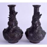 A PAIR OF ANTIQUE JAPANESE BRONZE VASES. 15.5 cm high.