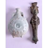 AN EARLY CHINESE MIDDLE EASTERN CELADON FLASK together with an Egyptian god. 5.5 cm & 8 cm high. (2