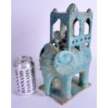 AN UNUSUAL ISLAMIC MIDDLE EASTERN KASHAN TURQUOISE POTTERY HOUDA. 30 cm x 14 cm.