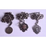 THREE SILVER WATCH CHAINS. (3)