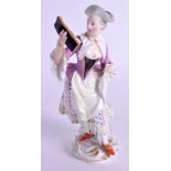 A 19TH CENTURY MEISSEN PORCELAIN FIGURE OF A FEMALE modelled reading a book. 15 cm high.