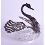 AN UNUSUAL SILVER AND CRYSTAL GLASS SWAN BOWL. 20 cm x 23 cm.