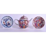 AN 18TH CENTURY CHINESE EXPORT MANDARIN TEAPOT AND COVER Qianlong, together with two saucers. Teapo