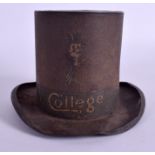 A RARE EDWARDIAN COLLEGE TIN PLATE TOP HAT MONEY BOX. 18 cm wide.