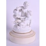 A 19TH CENTURY CONTINENTAL BISQUE PARIAN WARE FIGURE OF PUTTI upon a marble base. Figure 15 cm x 9