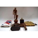 A VINTAGE WOODEN GOLFING TROPHY, together with a football rattle,flask etc. (qty)