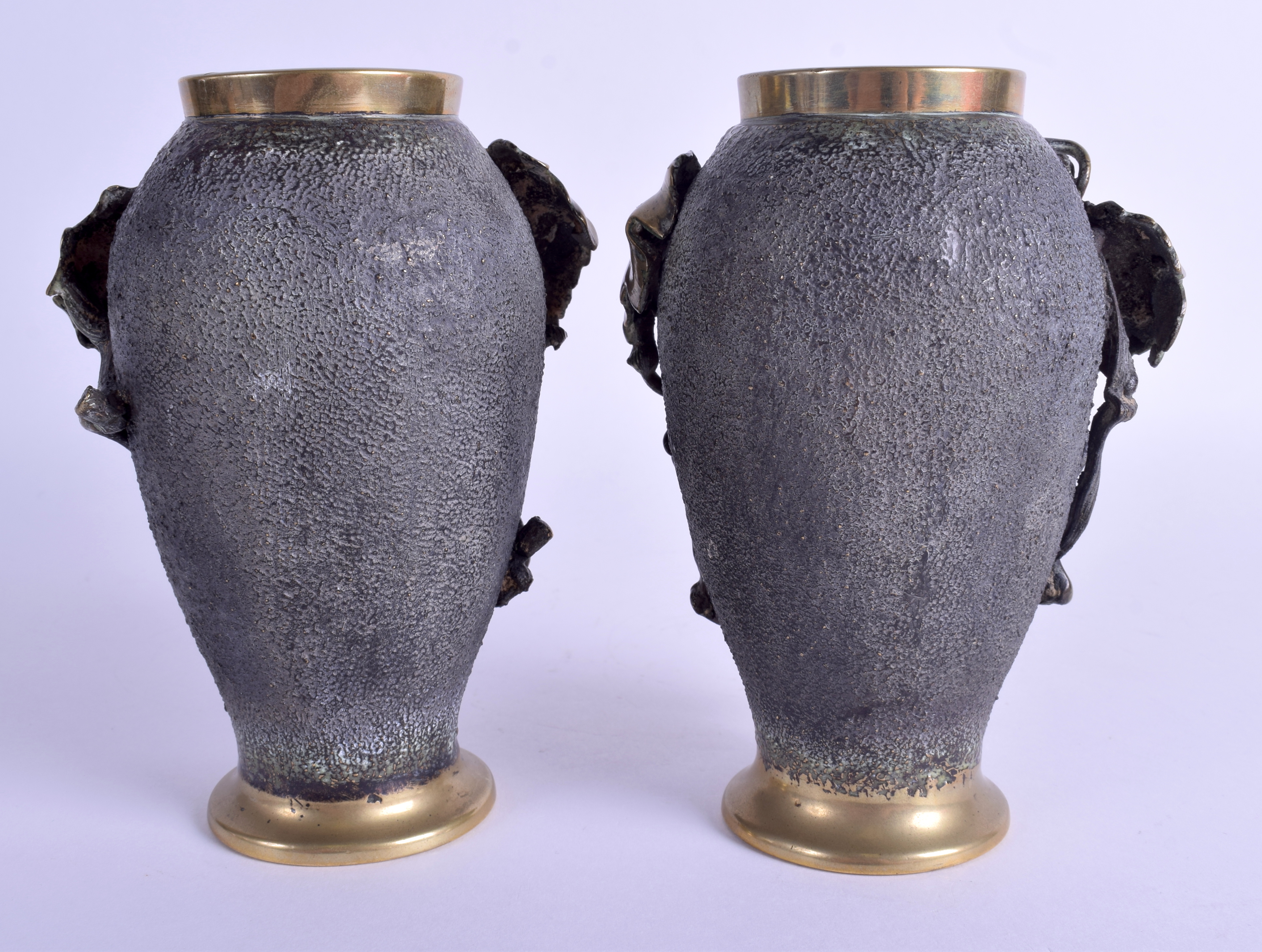 A PAIR OF 19TH CENTURY JAPANESE MEIJI PERIOD BRONZE VASES overlaid with berries and vines. 16 cm hi - Image 2 of 4