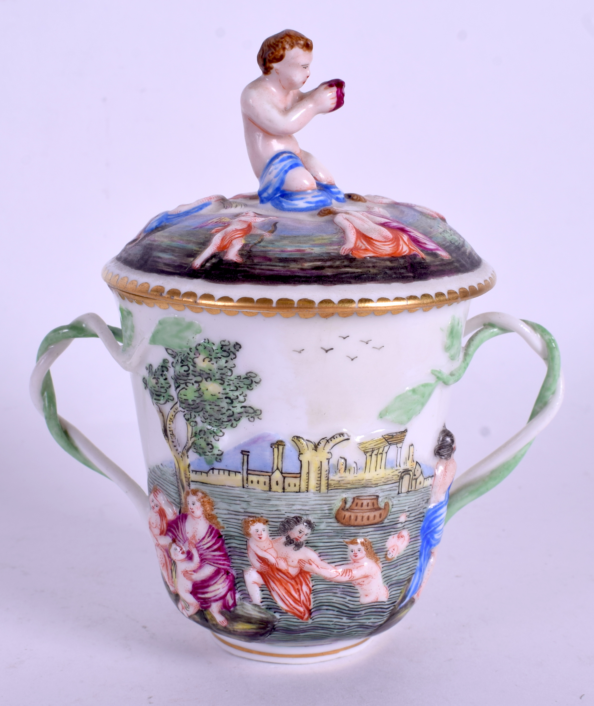 A 19TH CENTURY ITALIAN NAPLES PORCELAIN TWIN HANDLED CUP AND COVER decorated with figures. 11 cm x