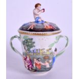 A 19TH CENTURY ITALIAN NAPLES PORCELAIN TWIN HANDLED CUP AND COVER decorated with figures. 11 cm x