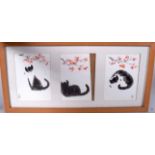JAPANESE SCHOOL (early 20th century) FRAMED SET OF THREE WATERCOLOURS, each depicting a cat amongst