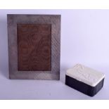 AN ART DECO BAKELITE LEAPING DEAR CIGARETTE BOX together with a deco silver plated mirror. Box 13 c
