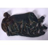 AN UNUSUAL EROTIC BRONZE PLAQUE , formed as a two males making love to a boar. 17 cm wide.