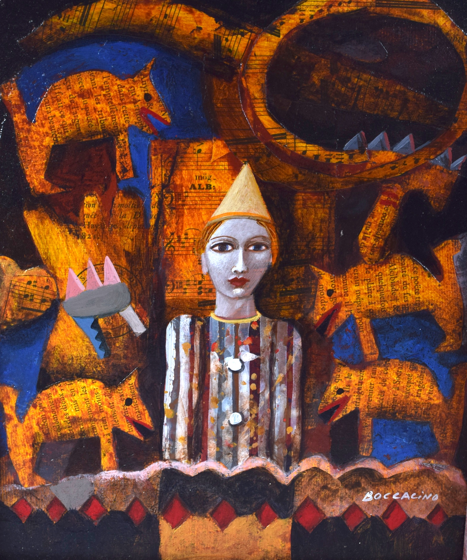 JEAN BOCCACINO (French) FRAMED OIL ON PANEL, signed, surrealism clown with animals. 26 cm x 21 cm. - Image 2 of 4