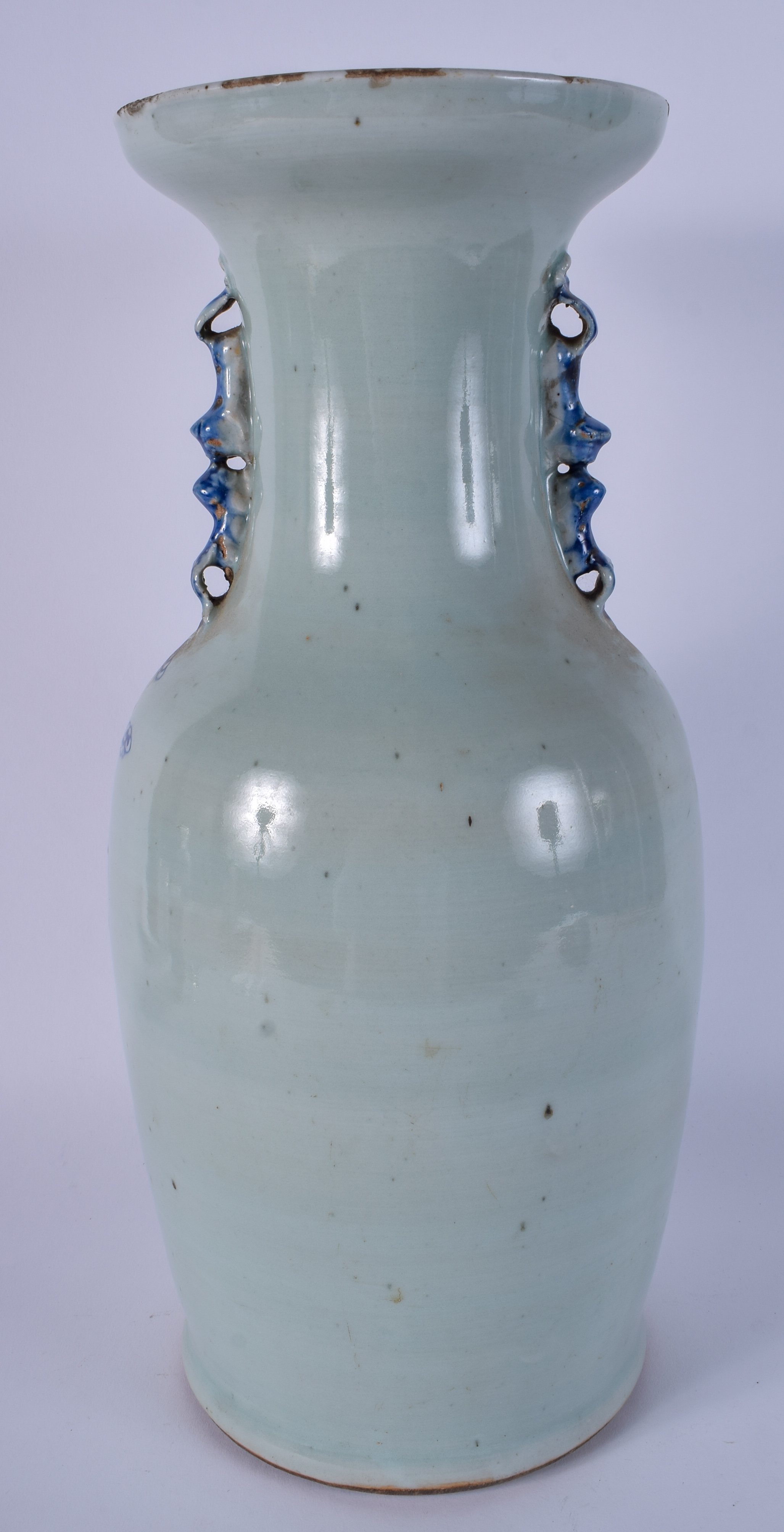 A LARGE 19TH CENTURY CHINESE TWIN HANDLED CELADON VASE Qing, painted with Buddhistic lions. 44 cm x - Image 3 of 7