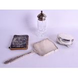 AN ANTIQUE SILVER MOUNTED BOOK COVER together with a dressing table box etc. (4)