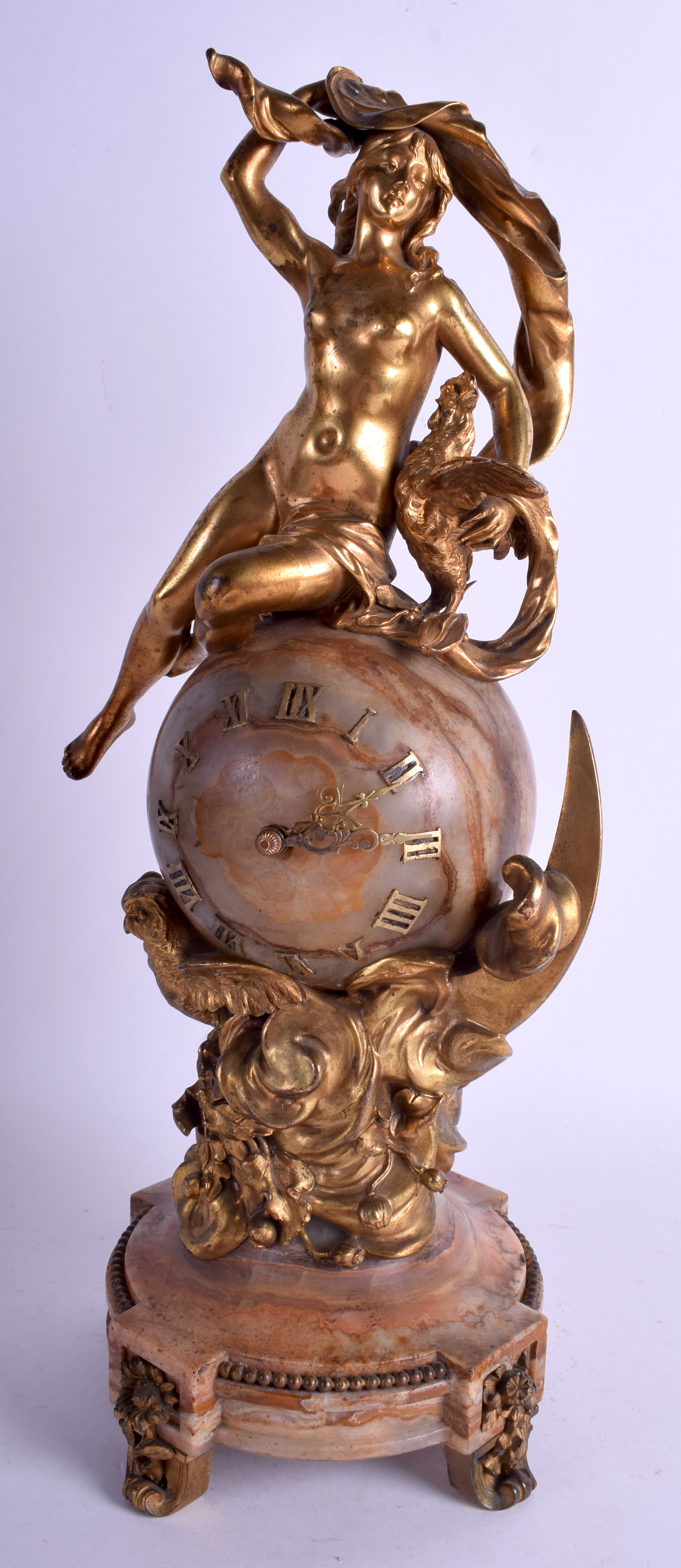 A GOOD 19TH CENTURY FRENCH ORMOLU AND MARBLE MANTEL CLOCK formed as a classical nude maiden upon a