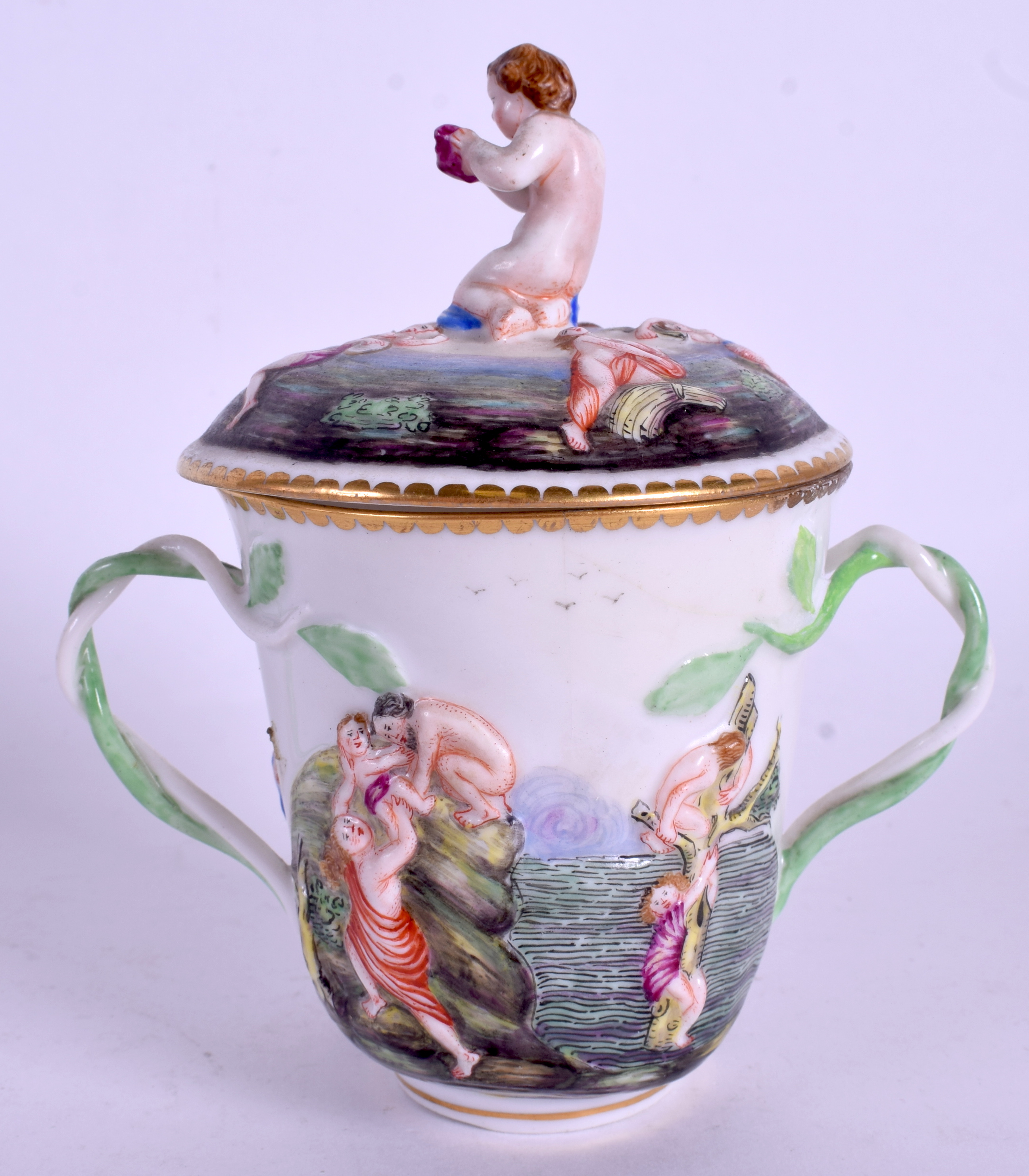 A 19TH CENTURY ITALIAN NAPLES PORCELAIN TWIN HANDLED CUP AND COVER decorated with figures. 11 cm x - Image 2 of 4