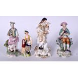 AN 18TH CENTURY DERBY PORCELAIN FIGURINE OF A MAN PLAYING A FIFE AND TABOR, together with three oth