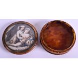 AN EARLY 19TH CENTURY CONTINENTAL PAINTED IVORY TORTOISESHELL AND BURR WOOD SNUFF BOX entitled the