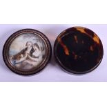 AN EARLY 19TH CENTURY CONTINENTAL GOLD INLAID TORTOISESHELL AND IVORY SNUFF BOX painted with figure