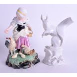 A MEISSEN PORCELAIN SQUIRREL together with a German figure of a chicken feeder. 14 cm & 16 cm high.