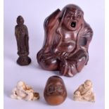 TWO 19TH CENTURY JAPANESE MEIJI PERIOD IVORY NETSUKES together with a bronze buddha etc. (5)